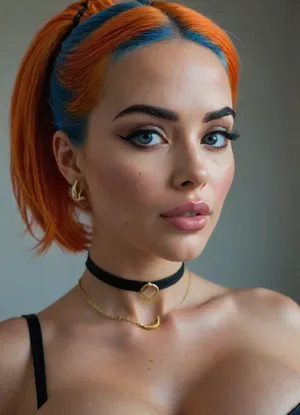 This image features a digitally rendered portrait of a woman with exaggerated features and striking makeup. The image is a head-and-shoulder portrait of a digitally created woman with bright orange hair styled with a subtle blue hair tie visible at the top. Her skin has a soft, slightly airbrushed appearance with subtle freckles visible on her chest. Her most prominent features are her heavily made-up eyes, which are a vivid blue, framed by extremely long and thick black eyelashes and sharply arched dark eyebrows. Her lips are exceptionally full and plump, colored in a glossy, light pink shade. She is wearing large, gold-colored hoop earrings. Around her neck, she has a sleek, black choker with a cherry-shaped pendant hanging from it. The background is a solid, muted blue-gray color, putting full focus on the subject. The atmosphere of the image is bold and stylized, emphasizing a specific aesthetic often associated with dolls or hyper-feminine archetypes. The overall mood is artificial and striking, highlighting the deliberate exaggeration of features. There are no other objects, people, or animals in the picture besides the rendered woma, <lora:bimboxl_02:.8>, large, breasts, big, boobs, huge, tits, <lora:bombshell_v2:.8>