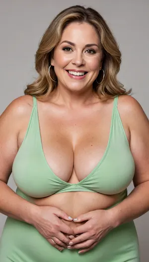 Lubica stepaunt, curvy, obese, big, ssbbw gilf, looking at viewer, eye contact, portrait photo a chubby mature 60 year old woman, wearing a v-neck sleeveless spaghetti strap light green dress, hourglass figure, round face, chubby cheeks, wrinkles, flushed cheeks, double chin, round jawline, thick arms, big eyes, light brown hair with highlights, medium hair, big smile, mouth open, lips parted, big lips, teeth showing, perfect teeth, joyful smile, (solid blank background), hoop earrings, (wrinkles), (curvy), wide, drooping saggy conical breasts, sagging, breasts, apart, hips, <lora:tt_saggy:.1>, <lora:ConicalTits:.3>