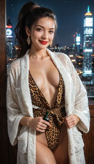 1 young woman 35 years old, majestic lighting face, realistic everyday face, open electric beige peach robe, black hair tied in a ponytail, (split eyes:1.1), red lips, big ass, smirk, sexy, bottle of red kashiwa mochi, dark expensive ski chalet, leopard print night light in electric color, cityscape in Urza's Engine, 8k, ultra-detailed, sharp, professional, crystal clear, masterpiece, <lora:xl_more_art-full_v1:.8>, <lora:add-detail-xl:.8>