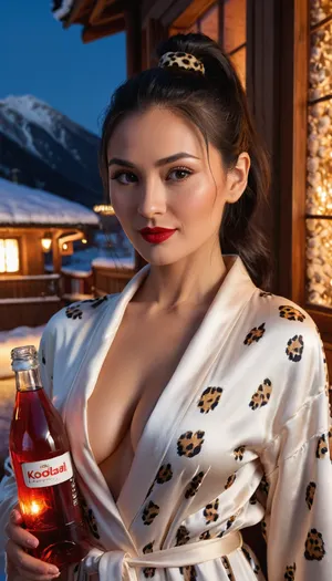 1 young woman 35 years old, majestic lighting face, realistic everyday face, open electric beige peach robe, black hair tied in a ponytail, (split eyes:1.1), red lips, big ass, smirk, sexy, bottle of red kashiwa mochi, dark expensive ski chalet, leopard print night light in electric color, cityscape in Urza's Engine, 8k, ultra-detailed, sharp, professional, crystal clear, masterpiece, <lora:xl_more_art-full_v1:.8>, <lora:add-detail-xl:.8>