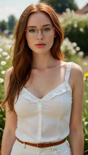 30 years old woman, she is attractive model, long dark ginger hair, she wears eyesight glasses, full lips, she wears a white summer blpuse and jeans skirt. Amateur selfie, amateur image, realistic amateur photo, taken by iphone. Sunny day, outside., <lora:add-detail-xl:.8>, <lora:MJ52:.8>, green, blue, brown, perfecteyes, <lora:PerfectEyesXL:.8>, perfect, eyes, skin, blemish, detailed, <lora:polyhedron_all_sdxl-000004:.8>, instagram, model, discord, profile, picture, <lora:SelfiePhotographyRedmond:.8>