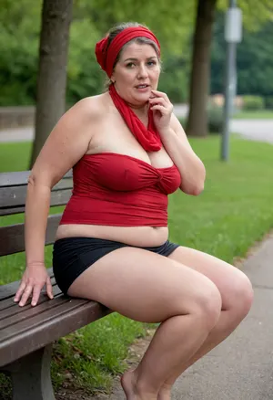 dirty, cynical, disgusted, cellulite, fleshy, saggy, nasty, ugly, curvy, overweight, 55 years old. Sitting on a bench, plus size, her hair covered with a scarf, tying a headscarf around her neck, drinking mineral water. Water spilled on her dress. A tight red strapless top and a high-cut mini skirt accentuate the roundness of her buttocks and the fullness of her bust, as well as her massive hips. real photo, view from the right, side, thick legs with cellulite, barefoot. up dress, spread, stretch