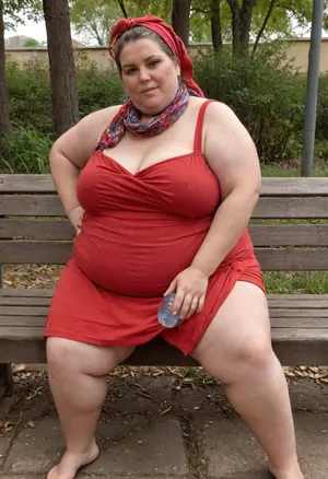 dirty, cynical, disgusted, cellulite, fleshy, saggy, nasty, ugly, curvy, overweight, 55 years old. Sitting on a bench, plus size, her hair covered with a scarf, tying a headscarf around her neck, drinking mineral water. Water spilled on her dress. A tight red strapless top and a high-cut mini skirt accentuate the roundness of her buttocks and the fullness of her bust, as well as her massive hips. real photo, view from the right, side, thick legs with cellulite, barefoot. up dress, spread, stretch, megachubsdxl, morbidly, obese, <lora:megachubsdxl_13:.8>