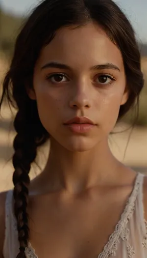 The image shows a young woman with long, dark brown hair, parted in the middle and falling over her shoulders. Her skin has an olive complexion. She has dark, expressive eyes, a slightly curved nose, and full lips in a neutral expression. Her facial features are soft and feminine. She has a slim, athletic build and an upright posture.

She is complete lay nude, w3dnesday, braided, Lace, <lora:Midjourney Image Enhancer XL v1:.8>, <lora:w3dnesday_100:.8>, <lora:Bikini_02_lora:.8>