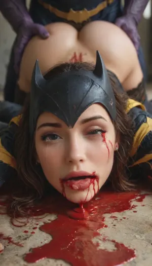 (score_9, score_8_up, score_7_up, masterpiece, high quality, cinematic, 8k, UHD, high realism, highest detail, natural lighting), artstation, (epic realism:1.1), (HDR:1.1), intricate details, photorealistic, (random view), beautiful top model face, Batgirl from DCU, (wearing Batgirl uniform), (Batgirl full mask), ripped uniform, front view, Mauve male Thanos, (Thanos from Marvel:1), ((the head of the cock kissin the ass entrance)), ((huge massive cock)), (ass up, face down), (she is leaning foreward with the ass up towards the male:1.3), ((face down laying on the ground)), ((one eye wide open:1.7), (and one eye is closed:1.9)), (excessive blood is dripping from her mouth:1.9), (excessive blood dripping from nostrils:1.9), (hematoma on face:1.8), (black eye:1.9), (tears:2), (blood:2.3), ((highly detailed beautiful face and eyes)), (detailed fingers), attractive face, (painful expression:1.8), bloodyface, blood, <lora:lora-bloodyface-lite:.9>, <lora:add-detail-xl:1.4>, <lora:xl_more_art-full_v1:1.3>, <lora:MJ52:.8>