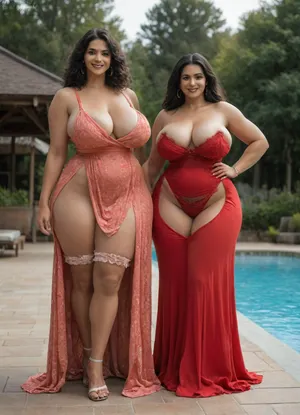 two 40 year old woman, two woman, very tall woman, large waist area, (two tall and large thigh curvy woman:1.7), very healthy tits, (dark skinned woman:1.1), wide hips, round buttocks, (smiling:1.3), chubby, (Layers for Straight black Hair:1.4), full lips, full length, (They are wearing sexy indian dresses:1.8), sexy, (sexy large cleavage area:1.6), laugh out loud, Casual, (big saggy breasts:1.9), (red lace panties:1.4), not nude, not naked, (bridal garter:1.4), Walking on the poolside, Casual poolside walk, Strolling along the poolside, poolside walk, Their face is looking at the viewer, eyes looking at the viewer