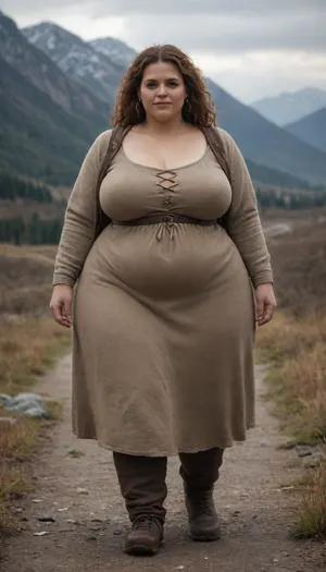 viking, hyper hips, heavyweight, fat woman, obese, (fully dressed:1.3), night mountain, massive fat, hiking