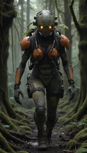 Post-apocalyptic forest, woman in hydraulic exoskeleton and helmet running through mutated jungle, dutch angle, massive exoskeleton pistons and joints, rusted armature with frayed cables, moss growing on trees, bioluminescent fungi on decaying skyscrapers, carnivorous vines snaking across gigantic tree roots, steam venting from backpack cooler, glow from toxic pools, photorealistic 8K, Nanosuits, style, <lora:CyborgMechExosuit_v1.5:.8>, <lora:bionic armor style:.8>