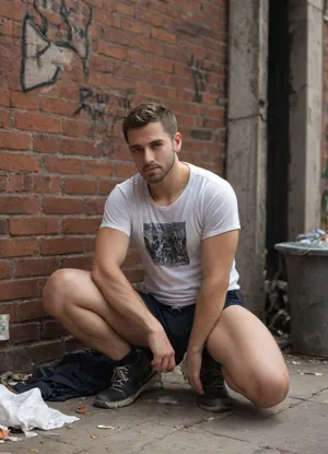 Homeless 20 year old Caucasian man. Shirt light brown hair, stubble, desolate expression, handsome. Shirtless, baggy sagging black shorts showing white waistband of underwear. Squatting with legs spread in a dirty abandoned alley facing viewer. Trash, garbage, graffiti on walls, urban setting daylight, bright sun, abandoned brick building., <lora:Inata_Hot_Guys:.8>, <lora:712386_training_data:.8>