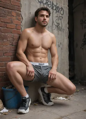 Homeless 20 year old Caucasian man. Hairy chest. Short brown hair, stubble, desolate expression, handsome. Shirtless, ripped and dirty grey flannel shorts showing white waistband of underwear. Leaning against a dirty brick wall with one leg bent at the knee and his foot on the wall. in a dirty abandoned alley facing viewer. Trash, garbage, graffiti on walls, urban setting daylight, bright sun, abandoned brick building. Dirty Black sneakers., <lora:Inata_Hot_Guys:.8>, <lora:712386_training_data:.8>