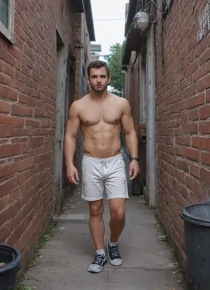 Attractive 20 year old Caucasian man. Hairy chest. Short brown hair, stubble, desolate expression, handsome. Shirtless, ripped and white shorts showing purple underwear. Standing with back against a dirty brick wall of a public men’s restroom with one leg bent at the knee and his foot on the wall. Sign on the door has the word MEN written on it. Night scene, light coming from inside open door. Lamp post, trees, concrete walkway. Trash, garbage cans, graffiti on walls, urban setting dusk sunset, abandoned brick building. Sneakers, <lora:Inata_Hot_Guys:.8>, <lora:712386_training_data:.8>