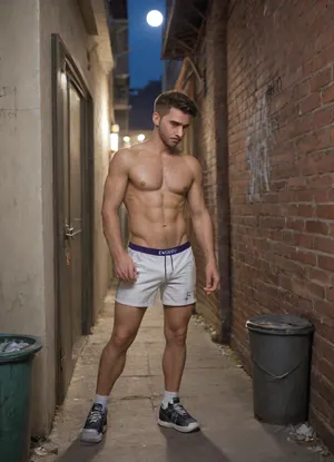Attractive 20 year old Caucasian man. Hairy chest. Short brown hair, stubble, desolate expression, handsome. Shirtless, ripped and white shorts showing purple underwear. Standing with back against a dirty brick wall of a public men’s restroom with one leg bent at the knee and his foot on the wall. Sign on the door has the word MEN written on it. Night scene, light coming from inside open door. Lamp post, trees, concrete walkway. Trash, garbage cans, graffiti on walls, urban setting dusk sunset, abandoned brick building. Sneakers, <lora:Inata_Hot_Guys:.8>, <lora:712386_training_data:.8>
