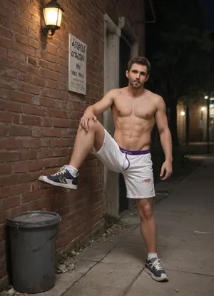 Attractive 20 year old Caucasian man. Hairy chest. Short brown hair, stubble, desolate expression, handsome. Shirtless, ripped and white shorts showing purple underwear. Leaning with back against a brick wall of a public men’s restroom with one leg bent at the knee and his foot on the wall. Sign on the door has the word MEN written on it. Night scene, light coming from inside open door. Other men in background. Lamp post, trees, concrete walkway. Trash, garbage cans, graffiti on walls, brick building. Sneakers, <lora:Inata_Hot_Guys:.8>, <lora:712386_training_data:.8>