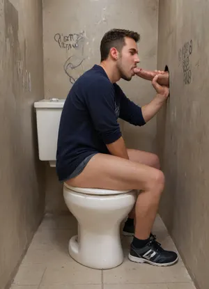 Handsome fit hairy Caucasian man in a public men’s restroom. Toilet, graffiti on walls, toilet. ASCII, photo of a man, sucking Dick, glory hole, blowjob, high detail. Dramatic lighting, trash on floor, dirty dingy ambience, light blue tiled walls, cum, on, face, <lora:Men'sFacialV3.8:.8>, <lora:realistic_male_ass:.8>, <lora:712386_training_data:.8>