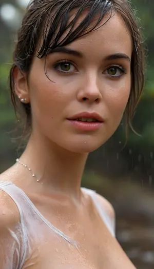 (Whole body visible:1.4), photo of a nude 25 year old woman walking in the rain wearing a plaid skirt, photorealistic, ultra realistic, light warm skin, smooth complexion, straight jawline not sharp, jaw-length straight very dark brown hair, side part with long fringe crossing small forehead, a few fine strands loose near cheeks, (((very short distance between eyes))), ((very small eyes)), ((eyes slight upward tilt at outer corners, hazel green iris with darker outer ring, eyelids with visible crease, medium lashes, soft eyeliner, eyebrows dark and medium thick with natural arch)), ((nose straight and narrow with gentle slope, small rounded tip, slim nostrils, button)), ((mouth medium width, lips natural fullness, lower lip noticeably fuller than upper, soft cupid’s bow, half smile showing straight white teeth)), (((tiny silver stud on right nostril))), ears small and close, subtle pink tone in cheeks, minimal natural makeup, highly detailed skin, cinematic soft light, neutral studio background, hyper realistic, 8k uhd, ultra sharp focus, ((eyelids with visible crease, medium lashes, subtle eyeliner:1.1)), ((eyebrows dark, medium thick, natural arch:1.1)), ((jaw-length straight very dark brown hair, side part, long fringe crossing forehead, fine strands loose near cheeks:1.2)), ((round face, soft cheekbones, rounded chin:1.2)), Dunst1024, sksjedi, LawrenceExl, ohwx, woman, pussy, clitoris, open, spread, closed, small, shaved, pubic, hair, lighting, bright, 1-alpha, .8>, w3t, wet, tshirt, <lora:Dunst1024-000350:1.1>, <lora:lawrence_dh128_v1-step00012000:.4>, <lora:MJ52:.9>, <lora:FelicityJonesXL:1.3>, <lora:w3t_SDXL:.5>