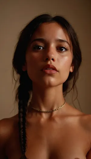 The image shows a young woman with long, dark brown hair, parted in the middle and falling over her shoulders. Her skin has an olive complexion. She has dark, expressive eyes, a slightly curved nose, and full lips in a neutral expression. Her facial features are soft and feminine. She has a slim, athletic build and an upright posture.
. She also wears a narrow, dark choker. Another metallic accessory, resembling a leg band, can be seen on her left thigh, nude, showing hairy pussy, and pink nipples, full body visible, feet visible, w3dnesday, braided, ohwx, woman, <lora:Midjourney Image Enhancer XL v1:2>, <lora:w3dnesday_100:2>, <lora:ortega_sdxxxl_dh128_v1:2>, <lora:Realistic_People_V1:2>, <lora:NSFW_Reality_Engine_XL05:.8>