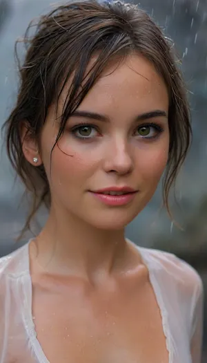 (entire body visible:1.1), giggling young woman walking in the rain while wearing business attire, photorealistic, ultra realistic, light warm skin, smooth complexion, straight jawline not sharp, jaw-length straight very dark brown hair, side part with long fringe crossing small forehead, a few fine strands loose near cheeks, (((very short distance between eyes))), ((very small eyes)), ((eyes slight upward tilt at outer corners, hazel green iris with darker outer ring, eyelids with visible crease, medium lashes, dark eyeliner, eyebrows dark and medium thick with natural arch)), ((nose straight and narrow with gentle slope, small rounded tip, slim nostrils, button)), ((mouth medium width, lips natural fullness, lower lip noticeably fuller than upper, soft cupid’s bow, half smile showing straight white teeth)), (((tiny silver stud on right nostril))), ears small and close, subtle pink tone in cheeks, minimal natural makeup, highly detailed skin, cinematic soft light, neutral studio background, hyper realistic, 8k uhd, ultra sharp focus, ((eyelids with visible crease, medium lashes, dark eyeliner:1.1)), ((eyebrows dark, medium thick, natural arch:1.1)), ((jaw-length straight very dark brown hair, side part, long fringe crossing forehead, fine strands loose near cheeks:1.2)), ((round face, soft cheekbones, rounded chin:1.2)), Dunst1024, sksjedi, LawrenceExl, ohwx, woman, pussy, clitoris, open, spread, closed, small, shaved, pubic, hair, lighting, bright, 1-alpha, .8>, w3t, wet, tshirt, <lora:Dunst1024-000350:1>, <lora:lawrence_dh128_v1-step00012000:.9>, <lora:MJ52:.7>, <lora:FelicityJonesXL:1.1>, <lora:w3t_SDXL:.5>