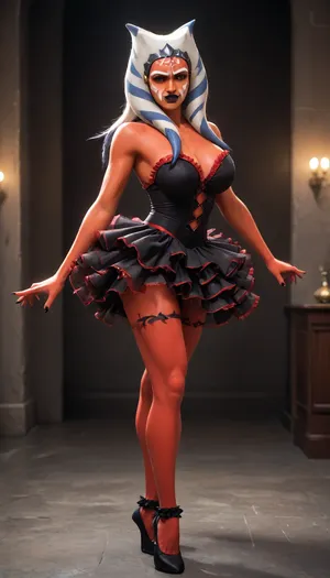 Solo, full body, ((((ahsoka tano)))), very angry furious face, ((((((black transformer body:1)))))), ((((((devil vampire skin:1.75)))))), (((sexy frilly ballerina outfit with big tutu))), muscular, huge breasts, score_9, score_8_up, score_7_up, <lora:Animated_Concept:2>, <lora:hentai_anime_style_xl_v1:2>, dancing in luxury hotel room