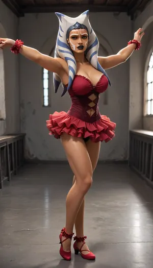 Solo, full body, ((((ahsoka tano)))), very angry furious face, ((((((black transformer body:1)))))), ((((((devil vampire skin:1)))))), (((sexy frilly ballerina outfit with short tutu))), muscular, huge breasts, score_9, score_8_up, score_7_up, <lora:Animated_Concept:2>, <lora:hentai_anime_style_xl_v1:2>, dancing in luxury hotel room
