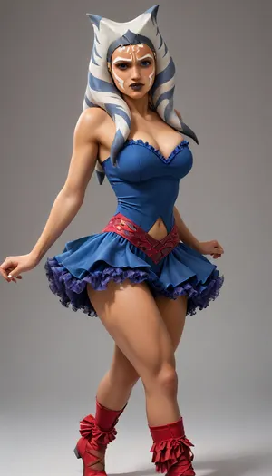 Solo, upskirt view, ((((ahsoka tano)))), angry face, ((((((black transformer body:1)))))), ((((((devil vampire skin:.5)))))), (((blue frilly ballerina outfit with frilly ruffle tutu))), revealing outfit, muscular fit body, huge breasts, stilletto boots, score_9, score_8_up, score_7_up, <lora:Animated_Concept:2>, <lora:hentai_anime_style_xl_v1:2>