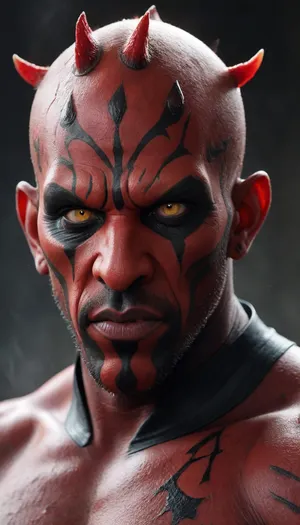 dark, ginger, demon, (portrait of Darth_Maul:2), from star wars, Close up, angry, fire, best quality, masterpiece, muscular body, 18yo, bald, red skin, ((wide eyed:1.7)), ((64k, HDR, UHD, bright yellow eyes, ((red eye white)), , , ((red eyeballs)), , , glossy eyes:1.5)), yellow spikes, ((shout:1.7)), fit, [abs], standing, looking at viewer, approaching perfection, dynamic pose, view 3/4, (highly detailed, artstation, concept art), sharp focus.

RAW photo, light rays, highly detailed, melting skin, sacred geometry, surreal futurism, mysticism, a lot of hair, a whirlpool of the finest transparent beautiful smoke, hyper-detailed face, professional photo, realistic, high resolution.

On black Background, (heavy mist:2), dark gritty aesthetics, futuristic elements, sense of oppressive atmosphere, rich, Deep shadows, somber, obscure, Wide angle, enhanced details, Cool bright fluoriscent light inside the shooting range, dim warm colorful light outside the shooting range. Strong side neon red and blue light. Ambient UV light.

Photo of the most beautiful artwork in the world, professional majestic photography, artstation, concept art, amazing quality, ultra detailed, Super realism, cinematic, clear image.

64K, HDR, UHD, film_grain, score_9, score_8_up, score_7_up, score_6_up, score_5_up, score_4_up, Ultra-high resolution, Super high resolution, Professional quality, Hyper-detailed, Photorealistic, Photography realistic, Hyperrealistic, Golden ratio.

Leica M10, dslr, Wide-Angle Lens 35mm, Portrait, ((close up)), ((sharp focus on face:1)), (masterpiece:1.9), (hyperdetailed, highest detailed:1), high resolution textures, Darth, Maul, <lora:Darth_Maul:2>