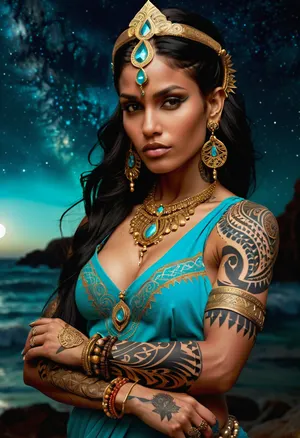 ((masterpiece)), (best quality), (highly detailed), ((illustration)), incredibly detailed, intricate, fantastical, portrait, {beautiful woman}, full shot, facing viewer, dark skin, long flowing black hair, (((intricate tribal tattoos on arms and shoulders))), belly dancer outfit, aqua and gold dress, ornate jewelry, necklace, earrings, armlets, headpiece, holding a dagger, sparkling water effects, water waves, (glowing water effects), (night sky), (starry sky), galactic background, nebula, distant moon, rocky shore, dramatic lighting, volumetric lighting, rim lighting, vibrant colors, fantasy art, digital painting, sharp focus, octane render, concept art, by artgerm and greg rutkowski and rebecca guay