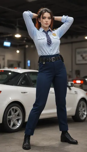 masterpiece, best quality, amazing quality, zhu yuan, black hair, orange eyes, red hair, multicolored hair, streaked hair, long hair, ponytail, ahoge, hair between eyes, mature female, 3d, blue jacket, police, policewoman, police uniform, high-waist pants with robotic guards, shoulder guards, front belt with star-shaped symbol, checkered necktie, black gloves, police badge, uniform, black shoes, wrist guards, white shirt, long sleeve, hands behind head, gas station, pumps, car, fuel, lights, cowboy shot, solo, looking at viewer, transparent background, simple background, white background