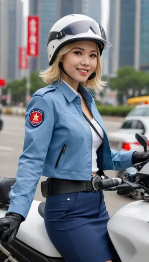 masterpiece, best quality, highres, absurdres, very awa, 1girl, solo, cl3ment1ne, short hair, blonde hair, policewoman, police uniform, collared shirt, white shirt, police hat, peaked cap, armband, outdoors, urban, day, on motorcycle, motorcycle, motor vehicle, looking ahead, red eyes, pencil skirt, belt, belt pouch, white gloves, holster, thigh holster, jacket, blue jacket, street, cityscape, chinese signs, skyscraper, sunlight, busy street, crowded, clear sky, side slit, pantyhose, blurry, blurry background, holding helmet, helmet, motorcycle helmet, smile, open mouth