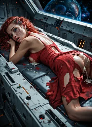 The image is an illustration of a young woman after the battle very tired. She lie in the ruin of the broken starship. Her dress is torn. Her weapon is broken. Around her battle ship. Future, Space. she is red head. Aliens cock. Handscuffs. Fucked lying on her stomach. Cum in her mounth. Face fucked