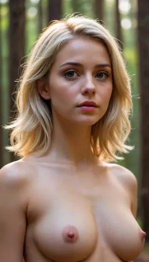 girl, looking away, (blonde hair), naked, medium breasts, cinematic lighting, digital painting, bright colors, forest, best quality, masterpiece