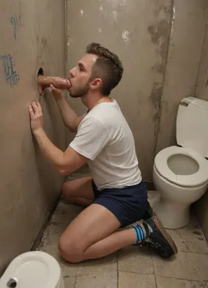 Handsome fit hairy middle aged Caucasian man in a public men’s restroom. Toilet, graffiti on walls, toilet. ASCII, photo of a middle aged man kneeling on floor, salt and pepper hair, sucking Dick, glory hole, blowjob, high detail. Dramatic lighting, other men looking on, trash on floor, dirty dingy ambience, light blue tiled walls, <lora:712386_training_data:.8>, <lora:255700_training_data:.8>, mooning, <lora:xbutt-1.3:.8>