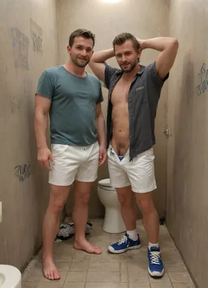 Handsome fit hairy middle aged Caucasian man in a public men’s restroom. Toilet, graffiti on walls, toilet. ASCII, photo of a middle aged man leaning against wall, salt and pepper hair, green unbuttoned shirt showing hairy chest, baggy white shorts unzipped showing light blue briefs, high detail. Hands behind his head, smiling. Dramatic lighting, other men looking on, trash on floor, dirty dingy ambience, light blue tiled walls, <lora:712386_training_data:.8>, <lora:255700_training_data:.8>, mooning, <lora:xbutt-1.3:.8>