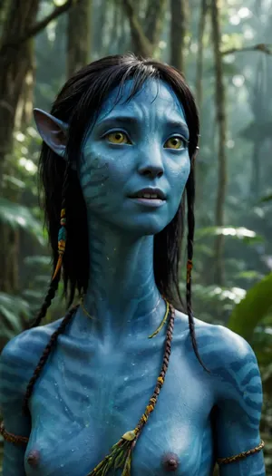 Kiri from avatar, na'vi, is posing for portrait, along in jungle, small breasts, tall, thin girl, SK_CINEMATIC, <lora:Kiri_from_Avatar_The_Way_of_Water-000004:.5>