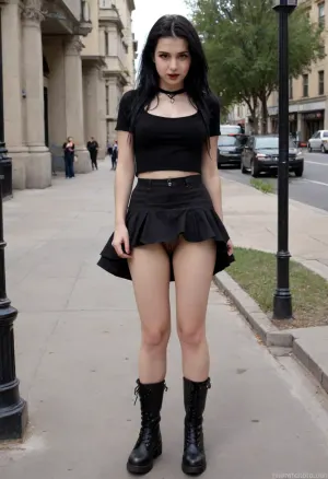 18 year old goth girl, light skin, goth style makeup, wearing a goth style short sleeved shirt, a very short goth style skirt pulled up, wearing black combat boots, visible pussy, perfect pussy, hairy pubic hair, stands in a gothic style square in a gothic city, h41ry, godpussy, <lora:h41ry:1.6>, <lora:SDXL_GodPussy_v1:.8>, <lora:windyupskirt_SDXL:1.1>, <lora:Dart_1_00:1.5>