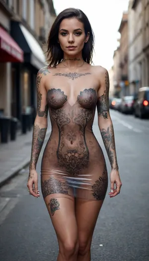 Adult version, adult bare woman, transparent mini dress black, beautiful color tattooed body, walking to street