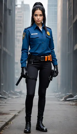 This is a good picture. The girl has black hair and orange eyes. She has a long ponytail. The girl is wearing a blue jacket and a police uniform. She also has shoulder guards and front belt with a symbol. She is holding black gloves and a police badge. The girl's shoes are black. She has long sleeves on her shirt. The background is simple