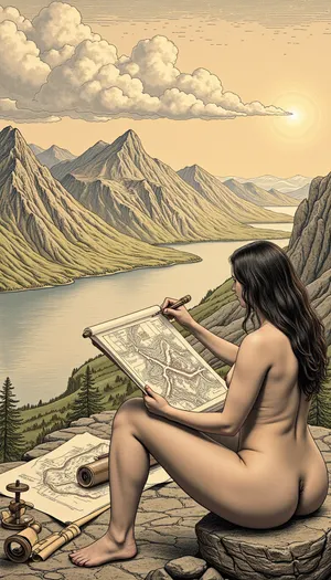 (masterpiece, best quality, highly detailed, intricate linework, engraved style, classic etching), A curvaceous female cartographer perched on a rocky outcrop in the mountains, drawing a map of vast unexplored territories on parchment. He uses a quill and ink, surrounded by old tools—compass, telescope, rolled scrolls. The scene shows sweeping valleys, misty peaks, and winding rivers below, bathed in soft golden sunlight breaking through drifting clouds., (antique map aesthetic:1.2), (detailed ink illustration:1.3), (19th century expedition art:1.1), (dramatic atmosphere), .