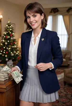 Gold-digging slag, mid-20s, (short choppy brown hair), (light tan skin), (evil/greedy grin), (wearing a navy blue blazer over a white top), (short pleated light-gray skirt), (holding a wad of cash), interior setting, heavy makeup, Christmas theme