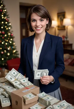 Gold-digging slag, mid-20s, (short choppy brown hair), (light tan skin), (evil/greedy grin), (wearing a navy blue blazer over a white top), (short pleated light-gray skirt), (holding a wad of cash), interior setting, heavy makeup, Christmas theme