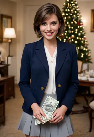 Gold-digging slag, mid-20s, (short choppy brown hair), (light tan skin), (evil/greedy grin), (wearing a navy blue blazer over a white top), (short pleated light-gray skirt), (holding a wad of cash), interior setting, heavy makeup, Christmas theme