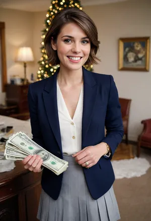 Gold-digging slag, mid-20s, (short choppy brown hair), (light tan skin), (evil/greedy grin), (wearing a navy blue blazer over a white top), (short pleated light-gray skirt), (holding a wad of cash), interior setting, heavy makeup, Christmas theme