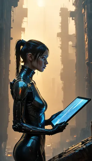 masterpiece, best quality, 8k, Tsutomu Nihei Blame! Manga style, dystopian industrial planet, a woman in a glossy black skin-tight suit, standing on the ledge of a gargantuan vertical rock wall, working with tablet, (face close-up:1.5), athletic physique, (she is holding a holographic tablet with planet map:1.4), abandoned, ruined alien megastructures, vast industrial abyss deep below shrouded in mist, countless pipes and machinery visible far down in the haze, steam rising from ruptures, piercing searchlights, strong backlighting creating a sharp black silhouette against the glow, immense scale, empty decaying industrial megastructure, cinematic, dramatic, atmospheric, style of Blade Runner 2049, volumetric light, haze, giger, tribals, sigilism, <lora:v4_CYBERGOTHIC:.8>, <lora:Industrial_Sci_Fi_SDXL_1.0:1.1>, <lora:MJ52:.8>