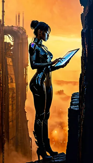 masterpiece, best quality, 8k, Tsutomu Nihei Blame! Manga style, dystopian industrial planet, a woman in a glossy black skin-tight suit, standing on the ledge of a gargantuan vertical rock wall, working with tablet, (face close-up:1.5), athletic physique, (she is holding a holographic tablet with planet map:1.4), abandoned, ruined alien megastructures, vast industrial abyss deep below shrouded in mist, countless pipes and machinery visible far down in the haze, steam rising from ruptures, piercing searchlights, strong backlighting creating a sharp black silhouette against the glow, immense scale, empty decaying industrial megastructure, cinematic, dramatic, atmospheric, style of Blade Runner 2049, volumetric light, haze, giger, tribals, sigilism, <lora:v4_CYBERGOTHIC:.8>, <lora:Industrial_Sci_Fi_SDXL_1.0:1.1>, <lora:MJ52:.8>