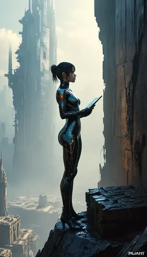 masterpiece, best quality, 8k, Tsutomu Nihei Blame! Manga style, dystopian industrial planet, a woman in a glossy black skin-tight suit, standing on the ledge of a gargantuan vertical rock wall, working with tablet, (face close-up:1.6), athletic physique, (she is holding a holographic tablet with planet map:1.4), abandoned, ruined alien megastructures, vast industrial abyss deep below shrouded in mist, countless pipes and machinery visible far down in the haze, steam rising from ruptures, piercing searchlights, strong backlighting creating a sharp black silhouette against the glow, immense scale, empty decaying industrial megastructure, cinematic, dramatic, atmospheric, style of Blade Runner 2049, volumetric light, haze, giger, tribals, sigilism, <lora:v4_CYBERGOTHIC:.8>, <lora:Industrial_Sci_Fi_SDXL_1.0:1.1>, <lora:MJ52:.8>