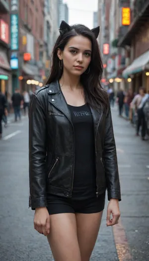 bf_holding_hands, walking in the cyberpunk city, rainbow, detailed, 8k, detailed shadow, 1girl, Omertosa, long hair, black hair, open jacket, leather jacket, animal ears, jewelry, (masterpiece, best quality), arknightsTexasThe, koreanDollLikeness>, bf_style