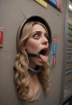 ((front side view, rotated, angle, style:1.3)), (40 years adult), (woman is stuck with her hips in a round hole with metal rim in a vending machine), (her bust is protruding from a round hole in the front of the vending machine:1.5), (stuck in hole with metal rim:1.3), (vending machine at night, slot for payment), (wide mouth spreader ring gag, gaping mouth:1.5), (leaning forward), (embarrassed, ashamed), (pleading expression:1.2), (terrified:1.6), (crying:1.2), (fear and panic:1.2), (box is low mounted, close to floor), (score_9, score_8_up, score_7_up, UHD 8K, masterpiece, best quality, maximum details, natural light, extreme realism, cinematic still), (huge penis:1.4), (she stares at erect penis in front of her face:1.3), (POV from above, she is looking up to viewer, submissive), (POV man standing and looking down, man stroking his big dick:1.1), (arms restrained to wall), (her arms left and right flat against the wall, multiple iron rings fixing her stretched arms against the wall:1.5), (POV standing man, looking down on her:1.2), (mouth wide open), (dirty blonde Swedish woman, freckles, tanned), (tan lines), (iron rings restrain her arms to vending machine), (her arms are spread eagle against vending machine:1.8), (arms restrained with iron rings:1.8), (free-standing vending machine), (her face is covered in cum:1.6), (enormous cum in er mouth:1.12), (bukkake, facial:1.48), (crying:1.3), (freckles, skin impurities), (transparent liquid:1.2), (realistic cum), (wet face:1.2), (oily skin:1.5), (stuck in a round hole with metal rim:1.6), (long blonde hair, elegantly styled hair, long wavy hair:1.5), (eyes wide open in horror:1.8), (her mouth serves only one purpose), (she's got a new job, she's a public cum dumpster), tall african man, (african mega huge brute:1.2), magazine cover, perfect fingers and hands, (extreme size difference:1.6), (ultra realistic), (maximum quality), (high resolution), (extreme detail), (ultra realism), UHD, super high quality, super high resolution, extremely detailed, cock in mouth, (brutal face fuck), Blowjob, (tears in eyes:1.5), (running makeup), (cum drips from nose:1.3), (cum drips from mouth:1.3), ultra hd, photorealistic, hyper gigantic large black cock in mouth, (((large black cock in mouth:1.3))), (one hand around her neck:1.4), choking her hard, strangling her, gasping for air
