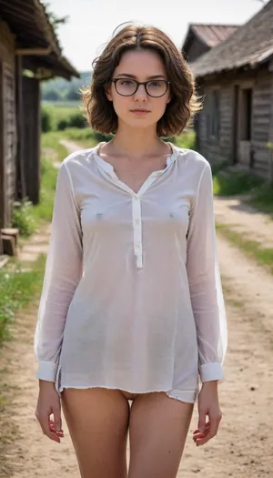 A young woman from the countryside with a country-bumpkin face, inconspicuous snub nose, flat forehead, dark brown eyes, short curly brown hair, glasses with black rim and plain features stands in front of a rural village scene, her ordinary appearance a stark contrast to the picturesque backdrop, with a subtle expression that hints at a quiet confidence, her skin bearing a warm, sun-kissed glow from spending time outdoors, her dark hair cut in a simple, practical style that frames her heart-shaped face, her eyes cast downward, gazing at the worn dirt path beneath her feet, the soft folds of her traditional clothing fluttering gently in the breeze, (((her blouse is torn, revealing her breasts))), the rustic wooden houses and lush greenery of the village behind her a testament to her humble, down-to-earth upbringing, torn, fly, down, at, _______, flat, chested, <lora:tornclothesv6-8:1.3>, <lora:flat_chested_v3.5:1.4>