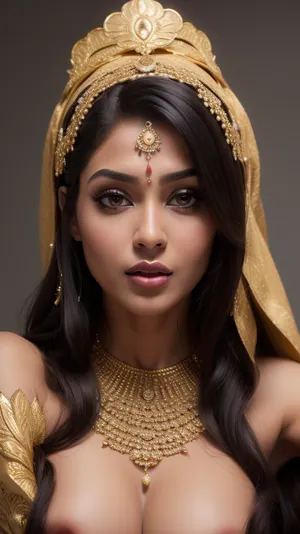 Close up, ((one woman)), ultra realistic, 30 year old indian woman with elegant gold traditional indian facial jewellry and head dress. black satin Bra, bra fuck and cum, small petite slim woman, ((high detailed skin)), ((34c breasts)), 32k uhd, dslr, (highly detailed long flowing wavy hair), highly detailed body, (realistic), insanely detailed, highest quality, horny expression, (looking at viewer), realcumAI, edgJBG_woman, edgJBG_face, edgJBG_body, <lora:edgBondDollLikenessv1:1.5>