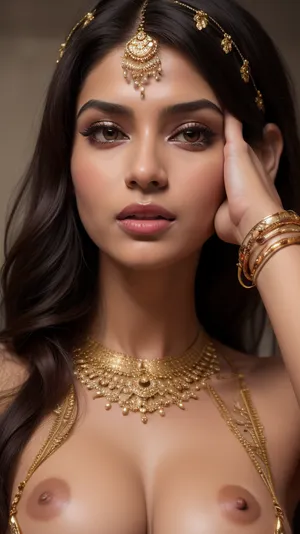 Close up, ((one woman)), ultra realistic, 30 year old indian woman with elegant gold traditional indian facial jewellry and head dress. black satin Bra, bra fuck and cum, small petite slim woman, ((high detailed skin)), ((34c breasts)), 32k uhd, dslr, (highly detailed long flowing wavy hair), highly detailed body, (realistic), insanely detailed, highest quality, horny expression, (looking at viewer), realcumAI, edgJBG_woman, edgJBG_face, edgJBG_body, <lora:edgBondDollLikenessv1:1.5>