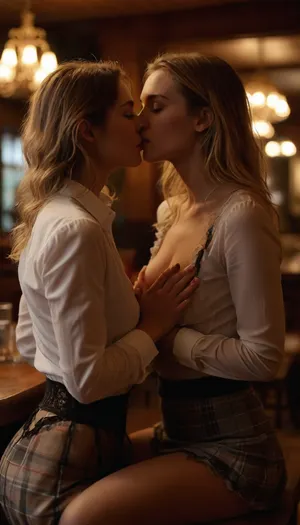 warm lightning, erotic, porno chic, subdued atmosphere, in restaurant, a man and a woman fucking a beautiful blonde or brown hair woman 25 years old, wearing unbuttoned white shirt, plaid skirt, luxurious lingerie, show nipples, show pussy, black lace bra, pantyhose, undressing, lesbian caressing tits, caressing pussy, doggystyle, blowjobn cunnilingus, lesbian licking ass, cumming, cum on face, back view, kissing nipples, hairy pussy, slut, raw, <lora:MJ52:2>, <lora:255596_training_data:.8>